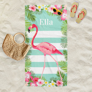 Tropical Aqua Flamingo Stripe Monogram Beach Towel