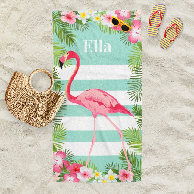 Tropical Aqua Flamingo Stripe Monogram Beach Towel (Creator Uploaded)