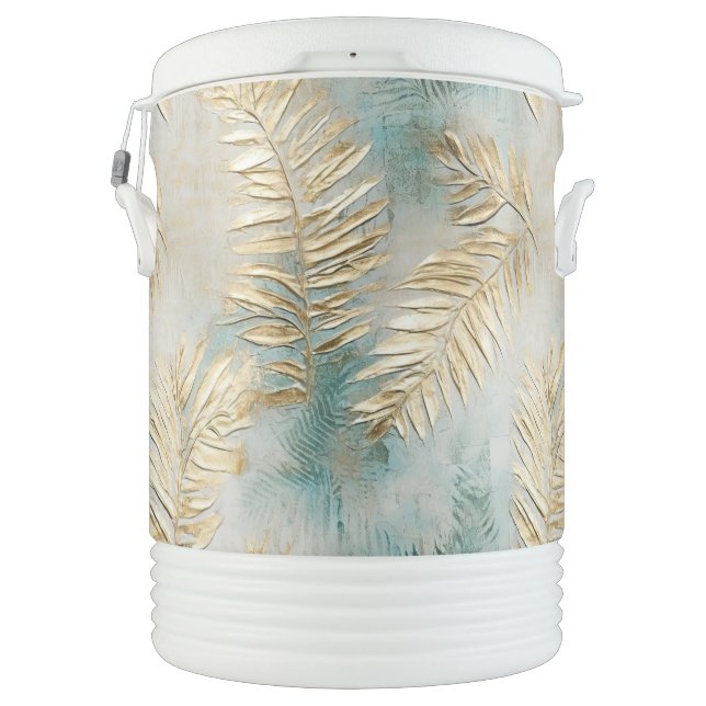 Tropical Aqua Gold Leaves Beverage Cooler (Back)
