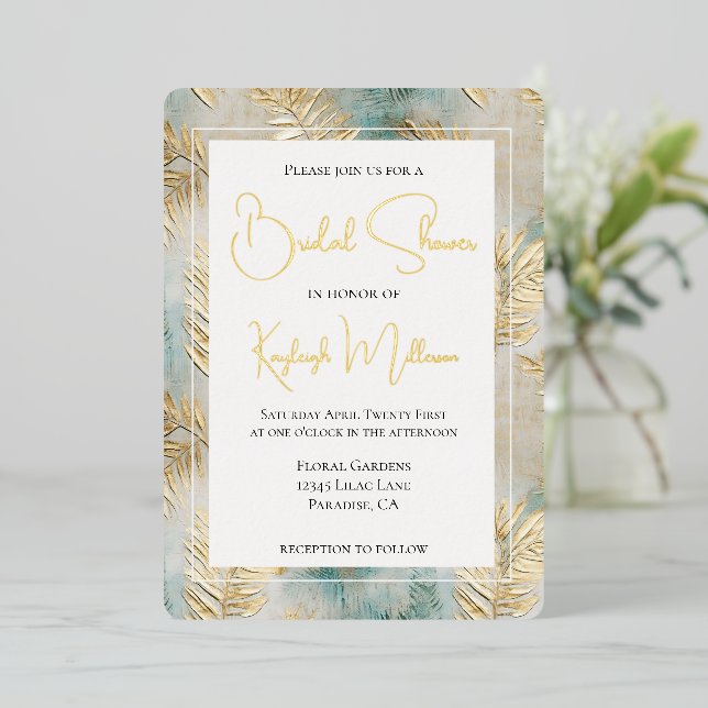Tropical Aqua Gold Leaves Bridal Shower Foil Invitation (Standing Front)
