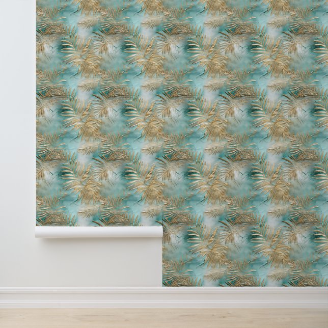 Tropical Aqua Gold Leaves Wallpaper (Application)