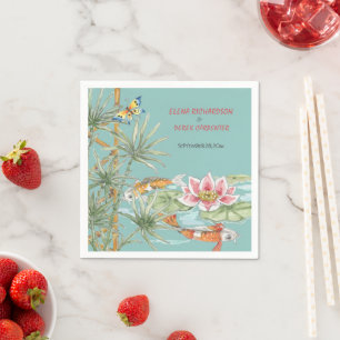 Tropical Aqua Koi Bamboo Floral Chinoiserie Custom Napkins