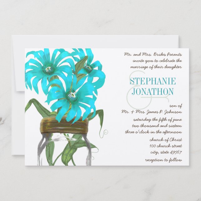 Tropical Aqua Mason Jar Exotic Flower Wedding Invitation (Front)