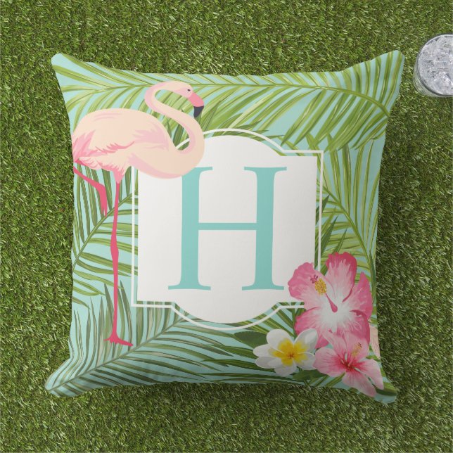 Tropical Aqua Monogram Pink Flamingo and Flowers Outdoor Pillow (Grass)