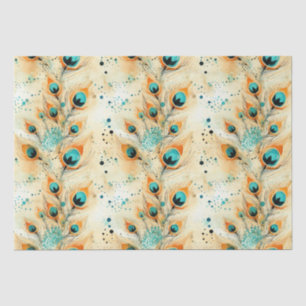 Tropical Aqua Peach Orange Peacock Feathers Tissue Paper