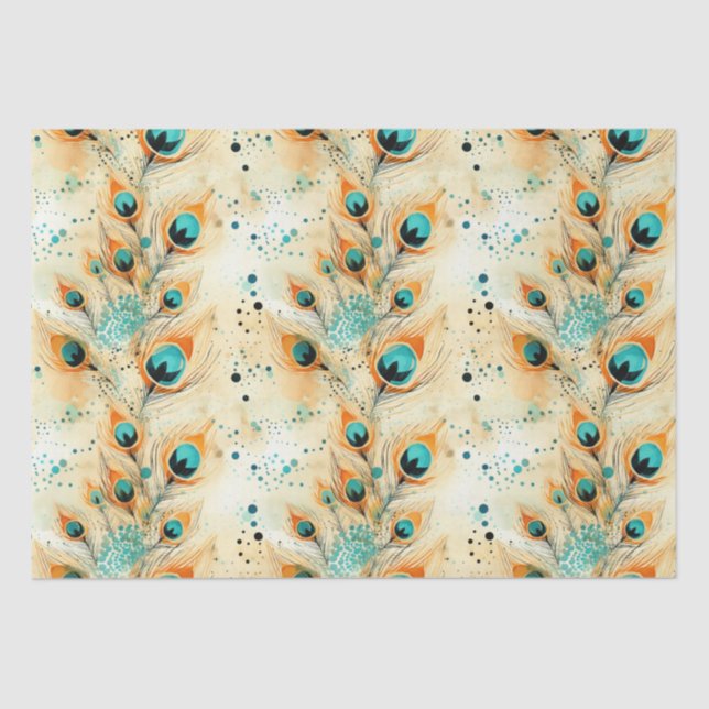 Tropical Aqua Peach Orange Peacock Feathers  Tissue Paper (Front)