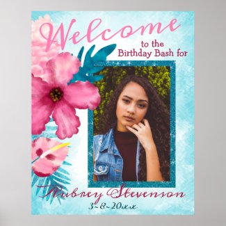 Tropical Aqua Pink Birthday Welcome Poster