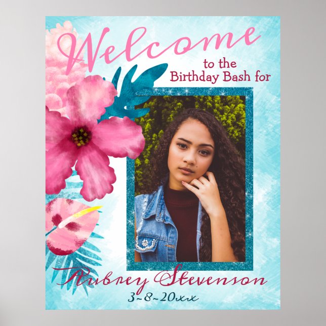 Tropical Aqua Pink Birthday Welcome Poster (Front)