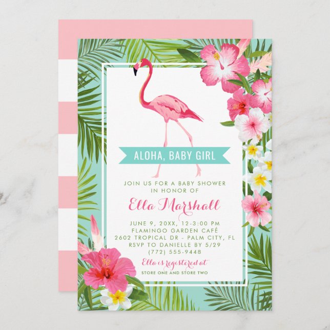 Tropical Aqua Pink Flamingo Aloha Girl Baby Shower Invitation (Front/Back)