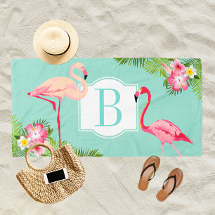 Tropical Aqua Pink Flamingo Monogram Beach Towel