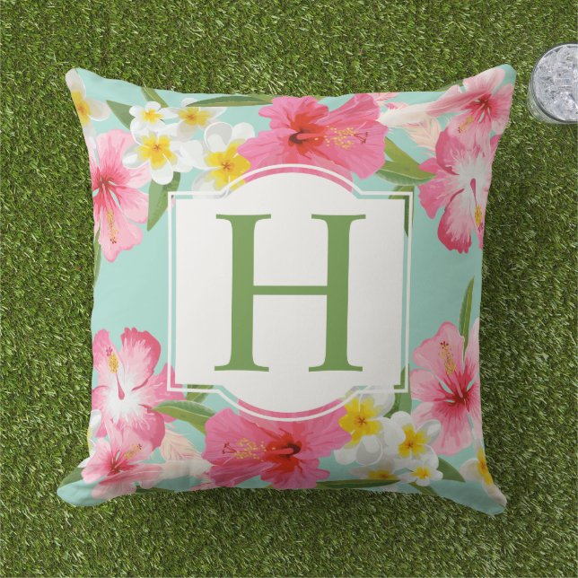 Tropical Aqua Pink Flowers Pattern Custom Monogram Outdoor Pillow (Grass)