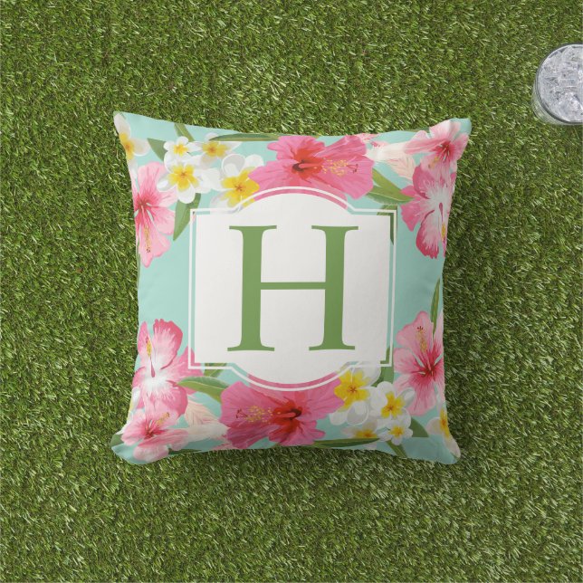 Tropical Aqua Pink Flowers Pattern Custom Monogram Throw Pillow (Grass)