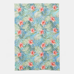 Tropical Aqua Pink Hibiscus Floral Kitchen Towel