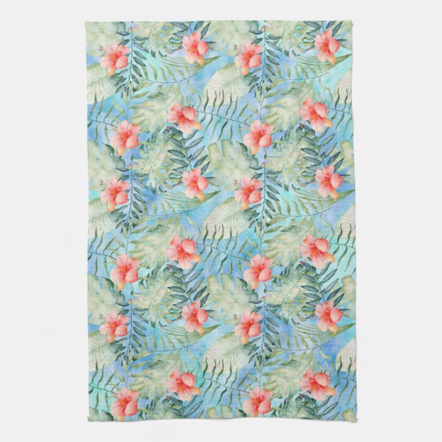 Tropical Aqua Pink Hibiscus Floral Kitchen Towel (Vertical)