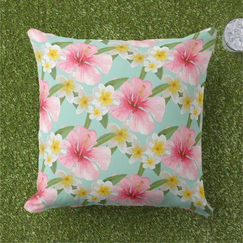 Tropical Aqua Pink Hibiscus Flowers Pattern Outdoor Pillow