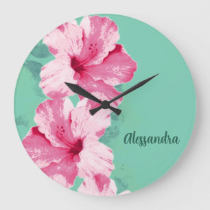 Tropical Aqua Teal with Pink Hibiscus Flowers Large Clock