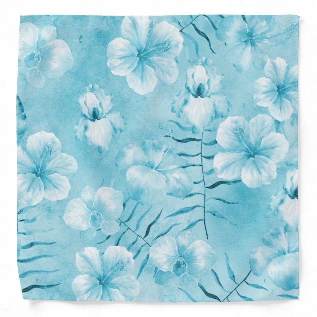 Tropical Aqua White Orchids Hibiscus Floral Bandana (Front)