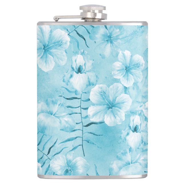 Tropical Aqua White Orchids Hibiscus Floral Flask (Front)