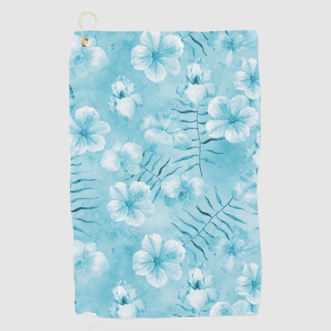 Tropical Aqua White Orchids Hibiscus Floral Golf Towel (Front)
