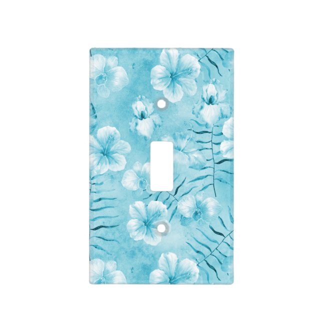 Tropical Aqua White Orchids Hibiscus Floral Light Switch Cover (Front)