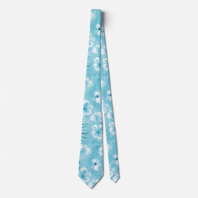 Tropical Aqua White Orchids Hibiscus Floral Neck Tie (Front)