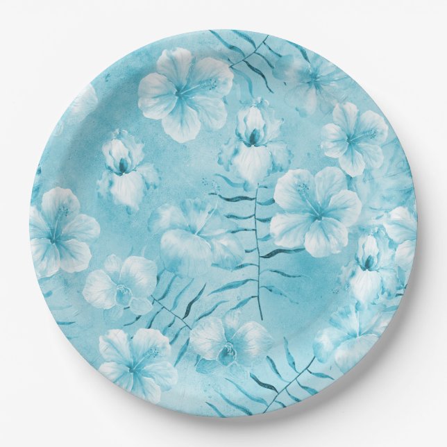Tropical Aqua White Orchids Hibiscus Floral Paper Plates (Front)