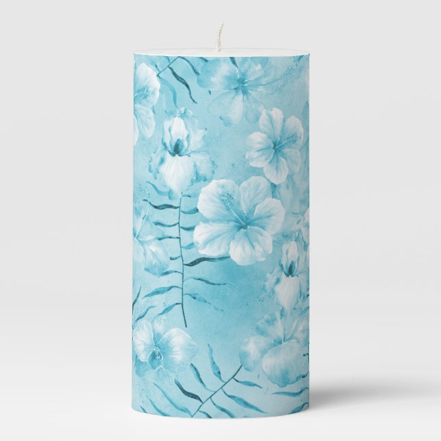Tropical Aqua White Orchids Hibiscus Floral Pillar Candle (Front)