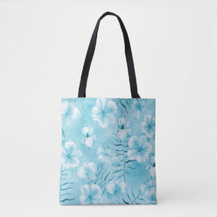 Tropical Aqua White Orchids Hibiscus Floral Tote Bag