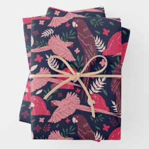 Tropical Ara Parrot Leaves Pattern Wrapping Paper Sheets