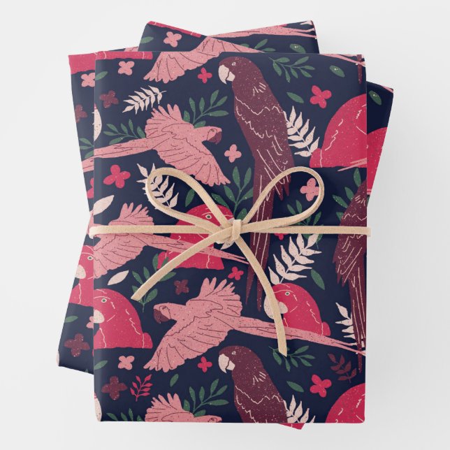Tropical Ara Parrot Leaves Pattern Wrapping Paper Sheets (In situ)