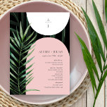 Tropical Arches Palm Leaf Monogram Wedding Menu<br><div class="desc">Blush pink and white arches over dark palm leaf background.  Vertical monogram at top over white arch.  Gray text over pink arch with watercolor palm leaf at left.</div>