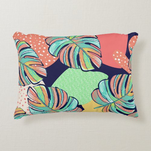 Tropical Artwork Multicolored Monstera Design Accent Pillow