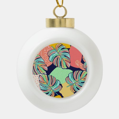 Tropical Artwork Multicolored Monstera Design Ceramic Ball Christmas Ornament