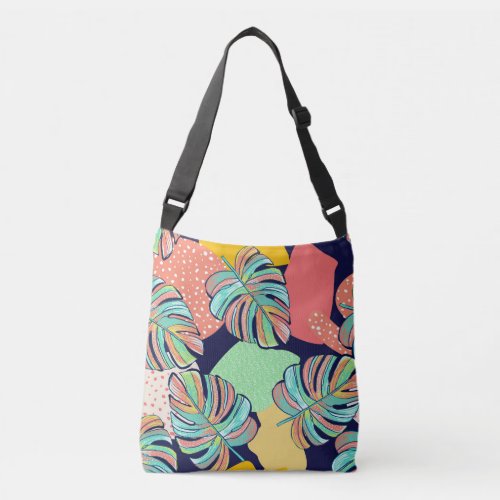 Tropical Artwork Multicolored Monstera Design Crossbody Bag