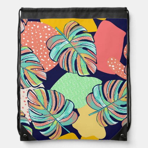 Tropical Artwork Multicolored Monstera Design Drawstring Bag