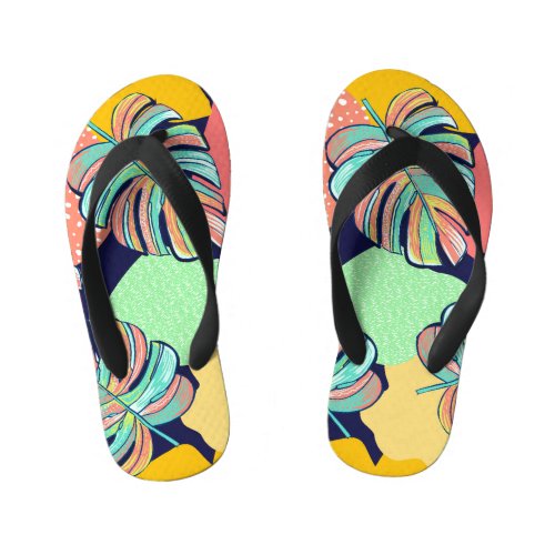 Tropical Artwork Multicolored Monstera Design Kids Flip Flops
