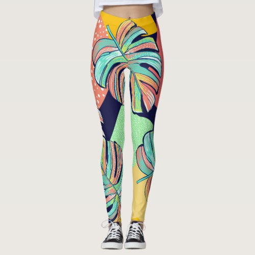 Tropical Artwork Multicolored Monstera Design Leggings