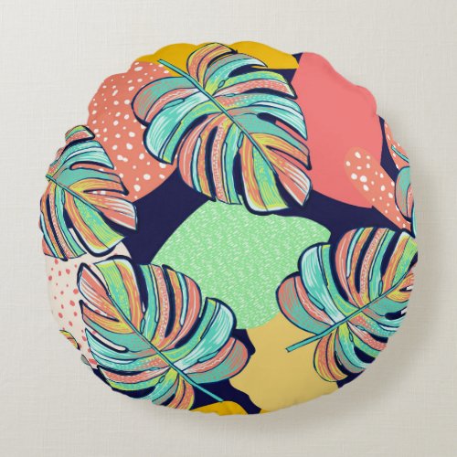 Tropical Artwork Multicolored Monstera Design Round Pillow