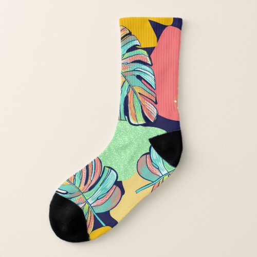 Tropical Artwork Multicolored Monstera Design Socks