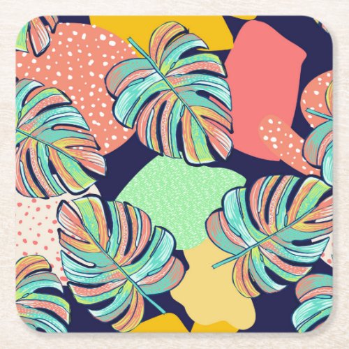 Tropical Artwork Multicolored Monstera Design Square Paper Coaster