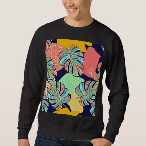 Tropical Artwork Multicolored Monstera Design Sweatshirt