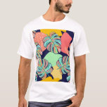 Tropical Artwork: Multicolored Monstera Design T-Shirt<br><div class="desc">Pattern design of a tropical artwork,  with multicolored monstera leaves and fun mosaic background
Multicolored monstera leaves in a tropical artwork.
Tropical mosaic with monstera leaves in blue.
pattern,  flower,  floral,  vintage,  colorful,  illustration,  foliage,  background,  abstract,  texture,  decor,  watercolor,  beach,  summer,  fashion,  nature,  spring,  leaf,  garden,  line</div>