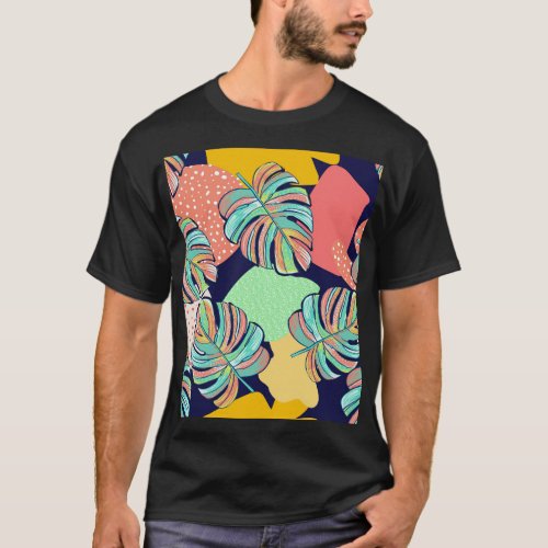 Tropical Artwork Multicolored Monstera Design T_Shirt