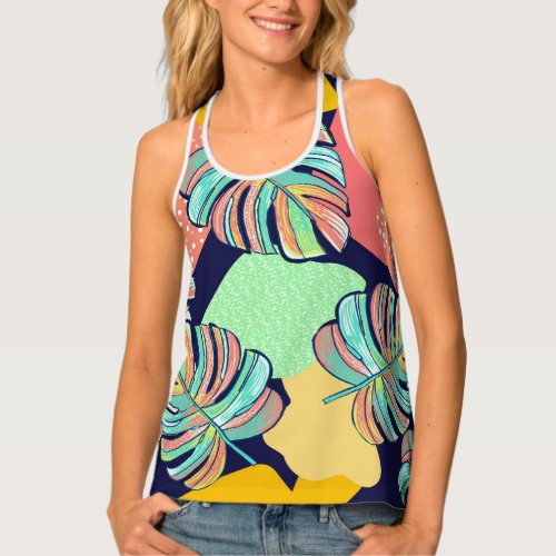 Tropical Artwork Multicolored Monstera Design Tank Top
