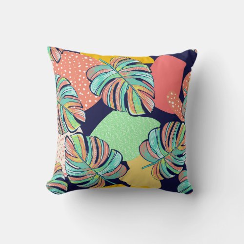 Tropical Artwork Multicolored Monstera Design Throw Pillow