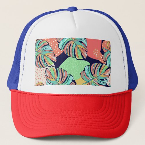 Tropical Artwork Multicolored Monstera Design Trucker Hat