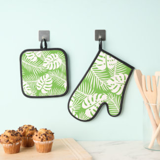Tropical autumn, summer leaf patterns oven mitt & pot holder set