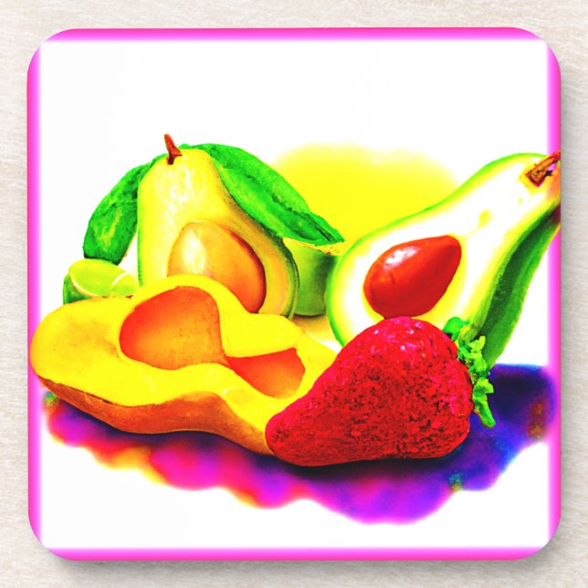 Tropical Avocado, Strawberry, and Mango. Buy Now Beverage Coaster (Front)