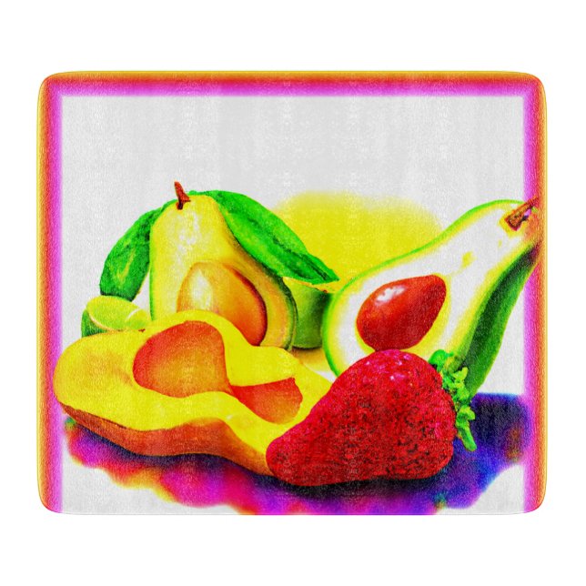 Tropical Avocado, Strawberry, and Mango. Buy Now Cutting Board (Front)