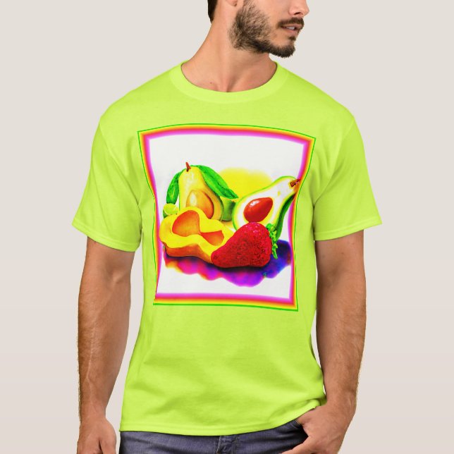 Tropical Avocado, Strawberry, and Mango. Buy Now T-Shirt (Front)